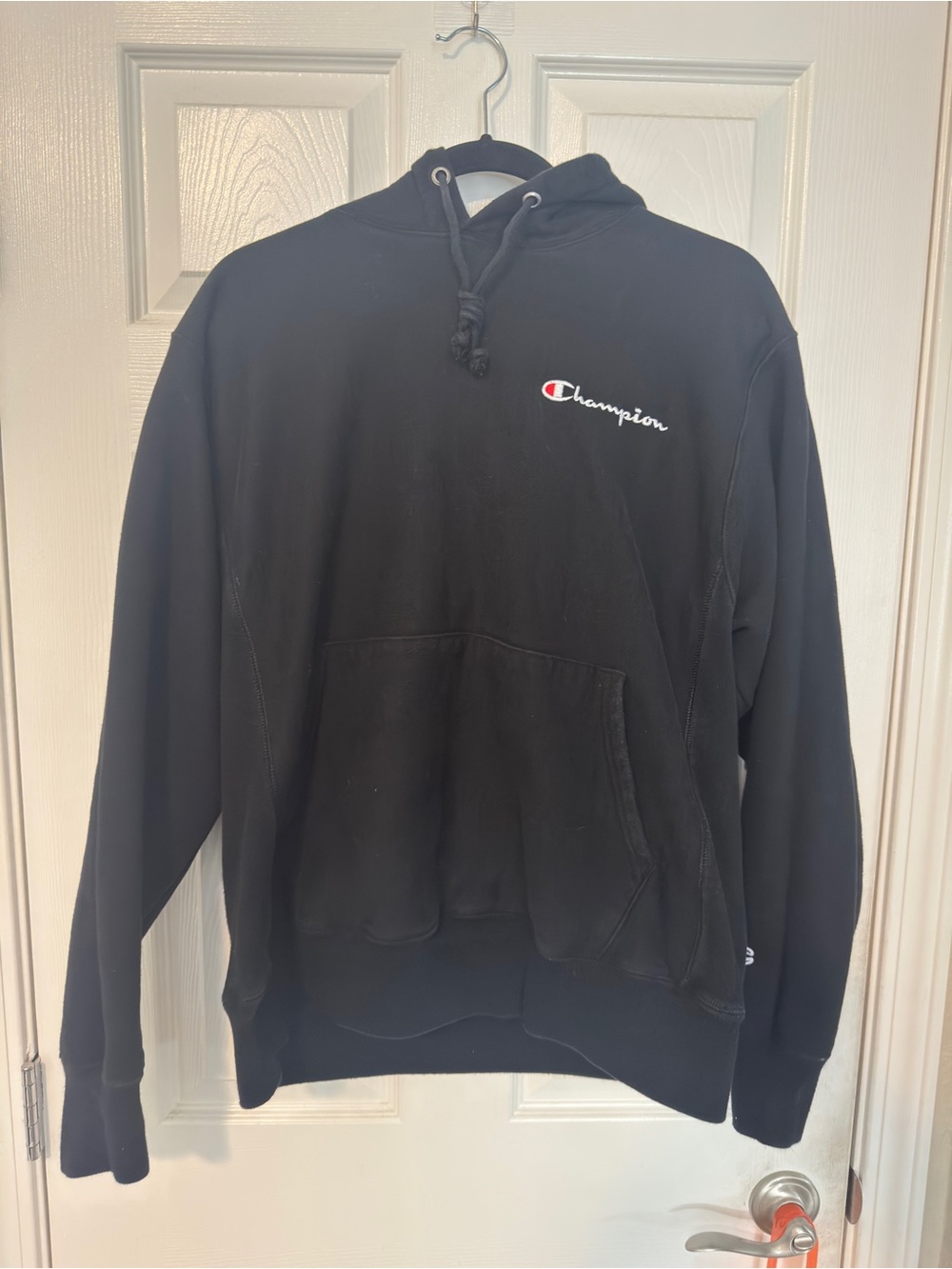 Champion Black Reverse Weave Hoodie Sweatshirt with Embroidered Logo